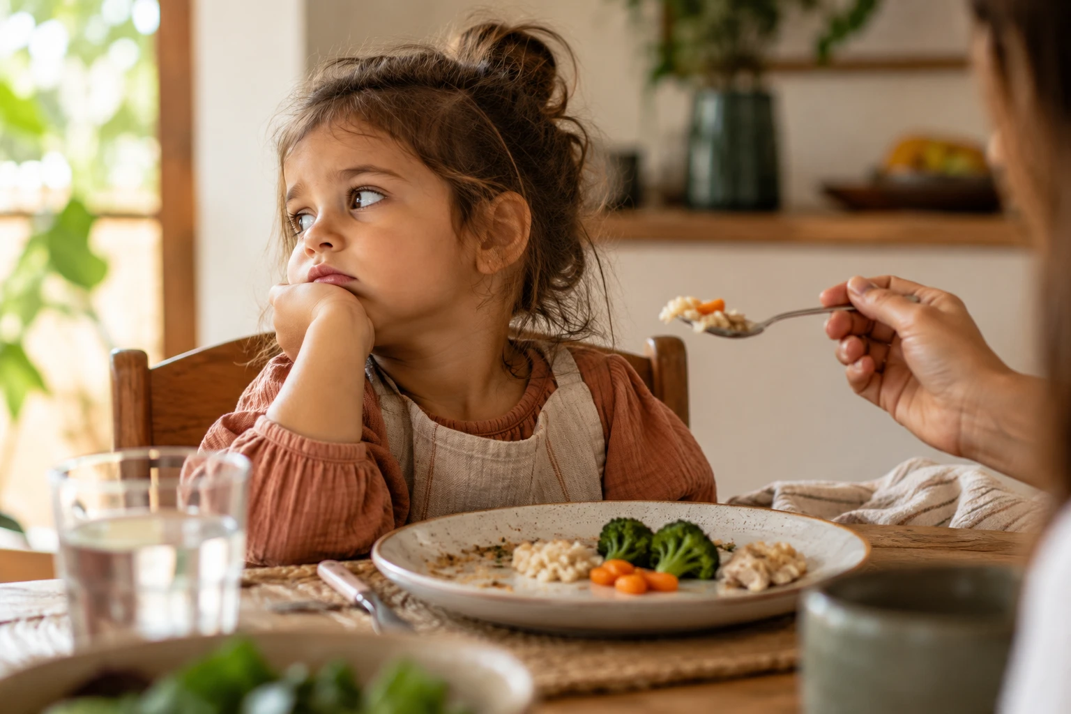 Menina pequena à mesa, desviando o olhar enquanto um adulto oferece uma colher de comida